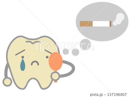 タバコのヤニ汚れによって鏡を見て黄ばみに泣く歯のキャラクターの歯科イメージイラスト 137196807