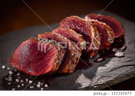 Sizzling grilled steak resting on a cutting board after being sliced to check doneness. 137197077