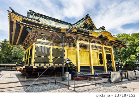 Building view of the honden at Tosho-gu in Ueno Park, Taito, Tokyo, Japan. This shrine enshrines Tokugawa Ieyasu, the first shogun of the Edo shogunate. 137197152