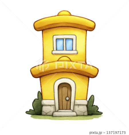 Whimsical yellow cartoon house with rounded roof and single window, surrounded by greenery, evokes playful and cheerful atmosphere 137197173