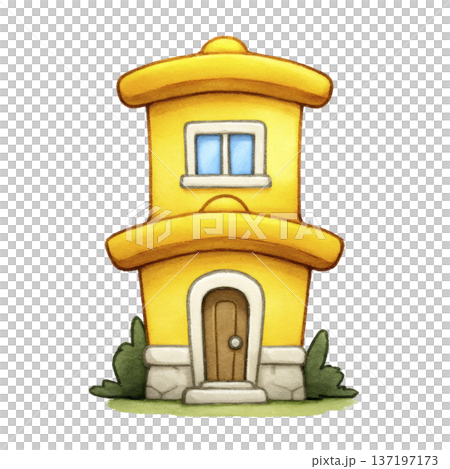 Whimsical yellow cartoon house with rounded roof and single window, surrounded by greenery, evokes playful and cheerful atmosphere 137197173