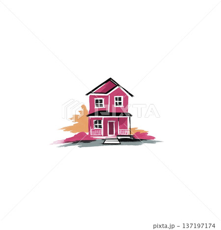 Charming illustration of pink house with welcoming front porch, surrounded by abstract brush strokes in warm colors, creating cozy and inviting atmosphere 137197174
