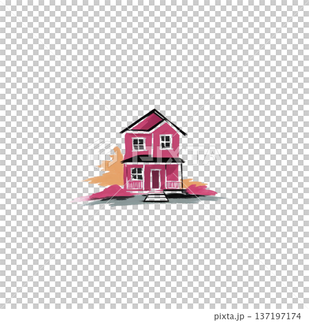 Charming illustration of pink house with welcoming front porch, surrounded by abstract brush strokes in warm colors, creating cozy and inviting atmosphere 137197174