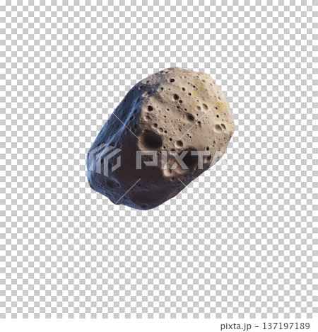 Textured asteroid with craters and rugged surface floats against transparency background, showcasing its irregular shape and rocky composition 137197189