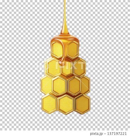 Golden honeycomb structure with honey dripping from top, showcasing sweet and natural design. hexagonal pattern is highlighted, emphasizing richness and texture of honey 137197221