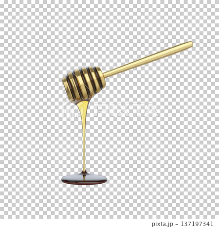Wooden honey dipper drips golden honey onto surface, creating sweet and sticky puddle. image captures rich texture and natural appeal of honey 137197341