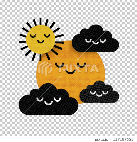 Cheerful sun with smiling face is surrounded by fluffy, smiling clouds, creating playful and whimsical scene. sun rays extend outward, adding to joyful atmosphere 137197553