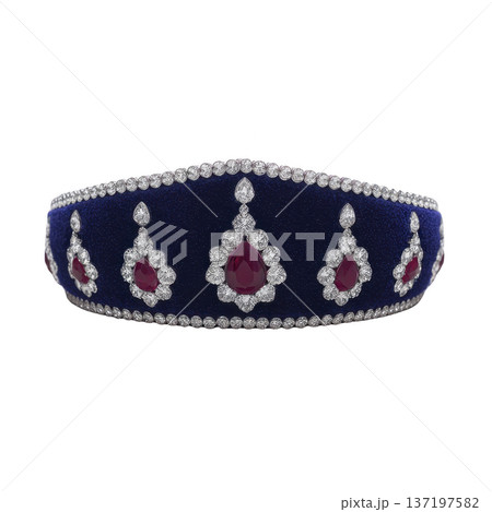 Luxurious tiara adorned with sparkling diamonds and vibrant red gemstones, set against deep blue background, exuding elegance and sophistication 137197582