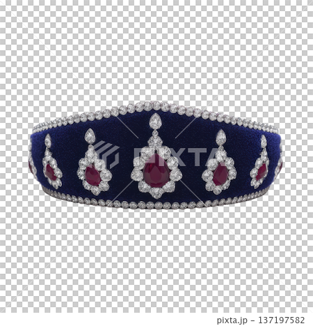 Luxurious tiara adorned with sparkling diamonds and vibrant red gemstones, set against deep blue background, exuding elegance and sophistication 137197582