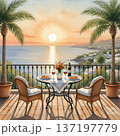 Spanish dinner at the sunset. Wicker chairs and a table with a floral tablecloth are set for two, displaying plates of food and glasses of red wine 137197779