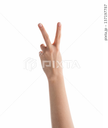 Young female hand counting two isolated on white 137197787
