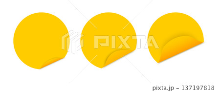 Set of round yellow stickers with turned back sticky edges isolated on white background. Empty paper note labels with folded corners. Vector realistic illustration 137197818
