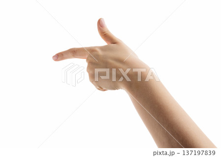 Young woman hand show direction isolated on white background Young woman hand show direction isolated on white background 137197839