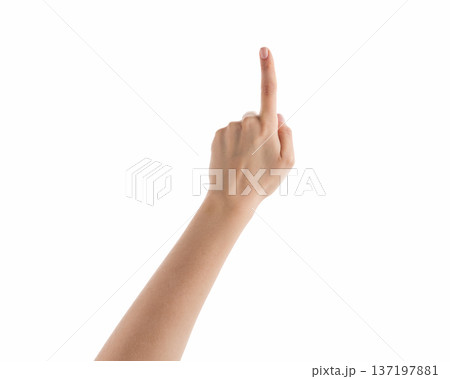 Young woman hand touch gesture for screen or something similar isolated 137197881