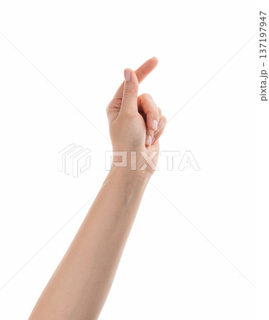 Young woman hand to hold business card or something thin isolated on white background 137197947