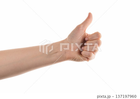 Young female right hand show thumbs up gesture isolated on white 137197960