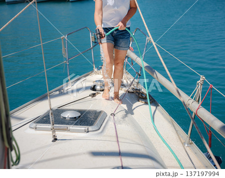 Adult Woman Enjoying Sunny Day On Yacht Finike Marina Turkey Adult Woman Enjoying Sunny Day On Yacht Finike Marina Turkey 137197994