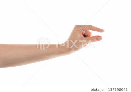 Young woman hand to hold something with two fingers isolated on white background 137198041