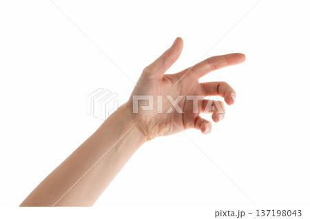 Young woman hand reaching or holding something isolated on white background Young woman hand reaching or holding something isolated on white background 137198043
