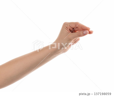 Young woman hand to hold business card or something thin isolated on white background 137198059