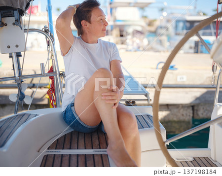 Adult Woman Enjoying Sunny Day On Yacht Finike Marina Turkey 137198184