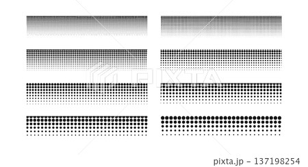 Set or rectangular shapes with dotted texture. Horizontal shadows or borders with gradient halfone effect for anime comic page design isolated on white background. Vector graphic illustration 137198254