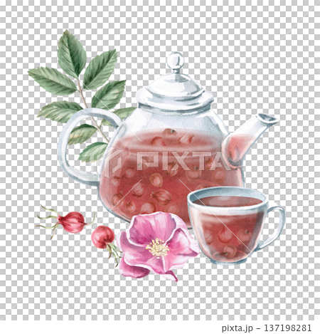A watercolor illustration of rosehip tea in a teapot and cup with branches and flowers. Isolated illustration for designs related to natural products, healthy eating, spas, pharmacies, and eco-beauty. 137198281