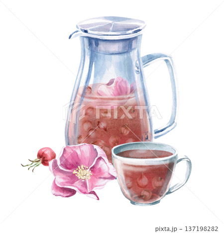 A watercolor illustration of rosehip tea in a pitcher and cup with a flower and berries. Isolated illustration for designs related to natural products, healthy eating, spas, pharmacies, eco-beauty. 137198282