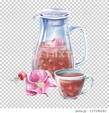 A watercolor illustration of rosehip tea in a pitcher and cup with a flower and berries. Isolated illustration for designs related to natural products, healthy eating, spas, pharmacies, eco-beauty. 137198282