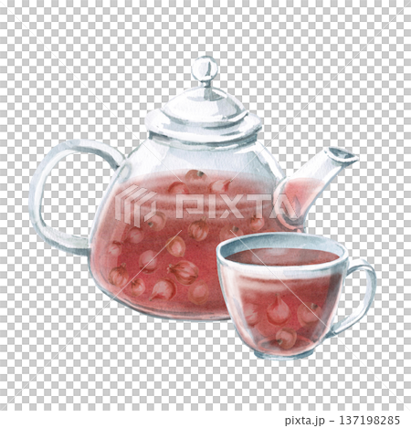 A watercolor illustration of rosehip tea with berries inside a teapot and cup. Isolated illustration suitable for designs related to natural products, healthy eating, spas, pharmacies, and eco-beauty. 137198285