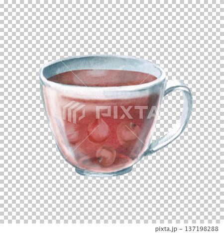 A watercolor illustration of a rosehip drink with berries in a clear cup. Isolated illustration suitable for designs related to natural products, healthy eating, spas, pharmacies, and eco-beauty. 137198288