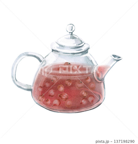 A watercolor illustration of rosehip tea with berries in a teapot. Isolated illustration suitable for designs related to natural products, healthy eating, spas, pharmacies, and eco-beauty. 137198290