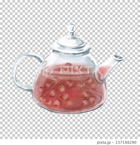 A watercolor illustration of rosehip tea with berries in a teapot. Isolated illustration suitable for designs related to natural products, healthy eating, spas, pharmacies, and eco-beauty. 137198290