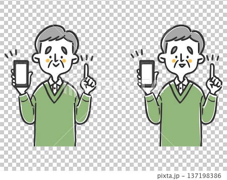 Illustration set of a senior man explaining with a smartphone, upper body, vector Illustration set of a senior man explaining with a smartphone, upper body, vector 137198386