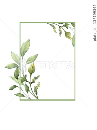 Elegant rectangular frame decorated with green leaves in watercolor style 137199342