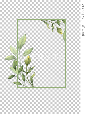Elegant rectangular frame decorated with green leaves in watercolor style 137199342