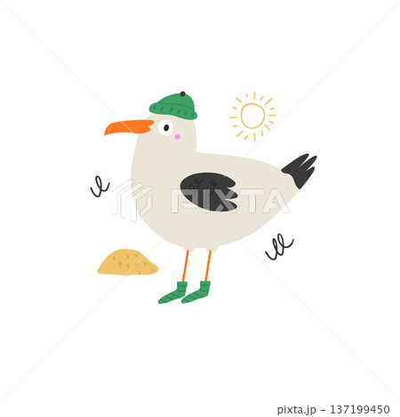 Funny seagull character in green hat and socks - cute cartoon bird illustration 137199450