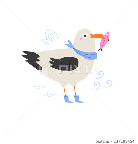 Funny Seagull Character with Fish – Cute Cartoon Bird Illustration 137199454
