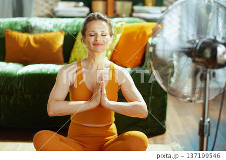 Serene Home Yoga Practice with Cooling Fan 137199546