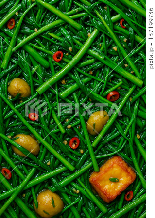 シャキシャキした質感と彩りが美しい空芯菜炒めのテクスチャ 137199736