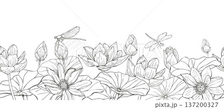 Blooming lotus flowers, aquatic leaves, and dragonflies in flight etching monochrome seamless banner. Blooming waterlily and flying insects vector isolated illustration for fabric, wallpaper border 137200327