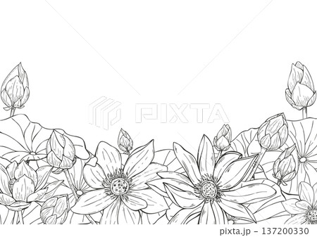 Blooming lotus flowers vector isolated rectangle frame in black ink linear style. Water lilies, leaves, buds border with copy space for text. For invitation, meditation greeting card, wellness website Blooming lotus flowers vector isolated rectangle frame in black ink linear style. Water lilies, leaves, buds border with copy space for text. For invitation, meditation greeting card, wellness website 137200330