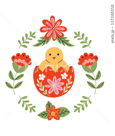 Hand drawn easter chick in red egg shell with floral ornament and folk leaves isolated on white background. Concept of spring holiday, celebration, tradition and greeting card design Hand drawn easter chick in red egg shell with floral ornament and folk leaves isolated on white background. Concept of spring holiday, celebration, tradition and greeting card design 137200358