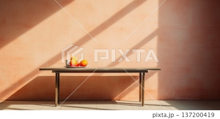 Wooden table and sun light shadow copy space blurred background, AI Generateand 137200419
