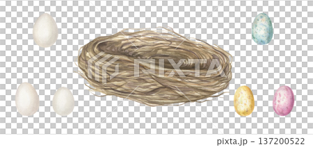 Bird nest and colored eggs clip art watercolor illustration on isolated background. Farm nest made of dried branches and small speckled egg. Decorative elements for spring Easter design. Bird nest and colored eggs clip art watercolor illustration on isolated background. Farm nest made of dried branches and small speckled egg. Decorative elements for spring Easter design. 137200522
