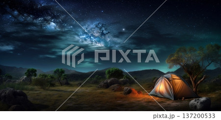 Camping in nature with tents blurred background, AI Generateand 137200533