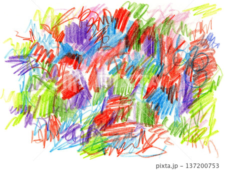 Colorful abstract crayon scribbles made by a child, chaotic hand drawn texture 137200753