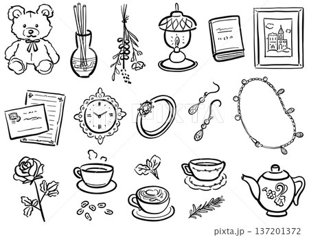 かわいい手描きのカフェイラスト　線画 137201372