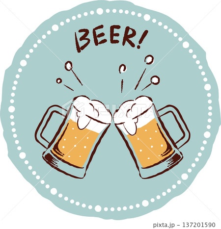 レトロな手描きタッチのビールの乾杯イラスト　丸フレーム　ジョッキ 137201590