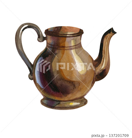 Hand-drawn watercolor illustration of a vintage copper teapot or metal pitcher. Featuring warm bronze and brown tones with realistic reflections, this element is perfect for rustic kitchen decor and 137201709